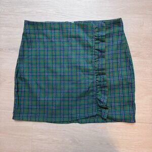 Topshop Womens Plaid Ruched Mini Skirt Green Blue Size 10